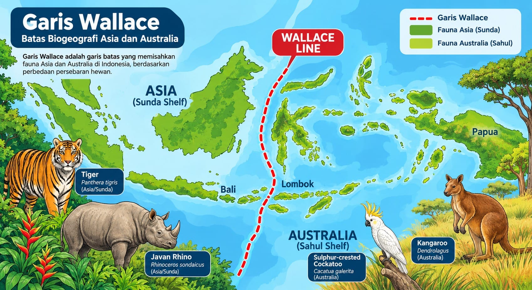 Peta Garis Wallace yang menunjukkan posisi Selat Lombok antara Bali dan Lombok.