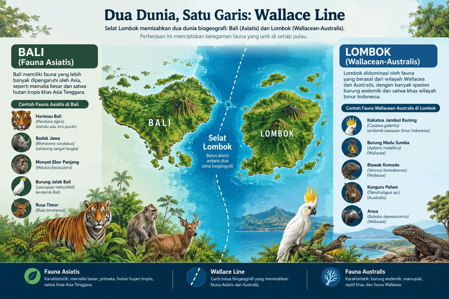 Infografik perbandingan fauna Bali dan Lombok di sekitar Garis Wallace.