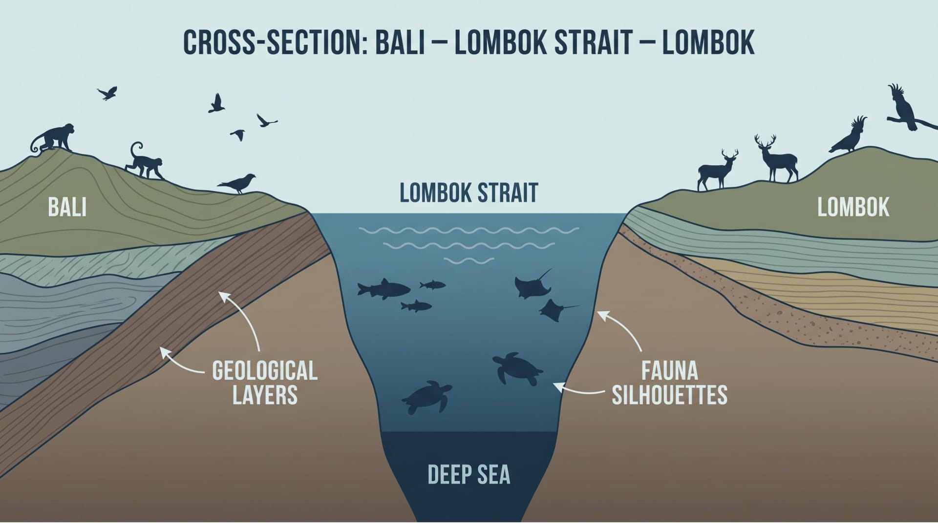 Ilustrasi Selat Lombok dan perannya sebagai penghalang biogeografi antara Bali dan Lombok.